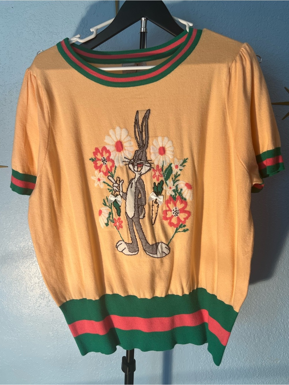 Bugs Bunny Floral Appliqué Knit Top - Peach with Green & Pink Trim
